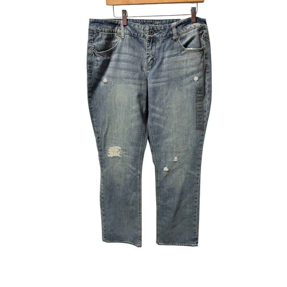 American Eagle Jeans Straight 77 Womens 14 Reg Distressed Medium Wash NWT